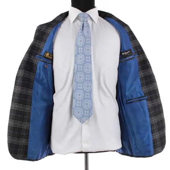 Kiton Sport Coat Size 48 38R US Black Gray & Blue Plaid Vicuna/Cashmere/Silk - Picture 6 of 10